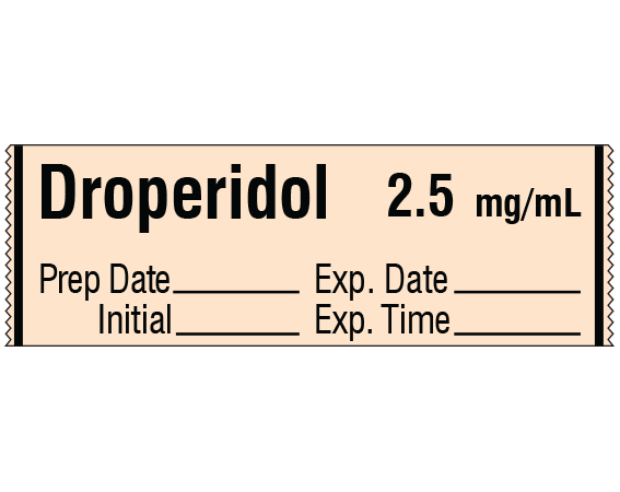sa-264-exp Salmon 1/2" x 500" Anesthesia Drug Labels for Syringe Identification - Tape Form - With Imprint: Droperidol 2.5 mg/mL / Prep Date _____ Exp. Date _____ / Initial _____ Exp. Time _____