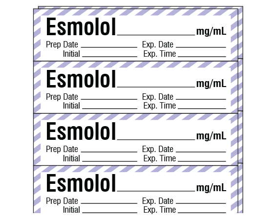 sa-297-exp-pk White W/ Violet Stripe Border 1/2" x 2" Anesthesia Drug Labels for Syringe Identification - Pack Form - With Imprint: Esmolol _____ mg/mL / Prep Date _____ Exp. Date _____ / Initial _____ Exp. Time _____