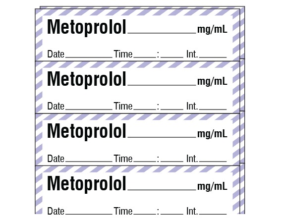 sa-299-dti-pk White W/ Violet Stripe Border 1/2" x 2" Anesthesia Drug Labels for Syringe Identification - Pack Form - With Imprint: Metoprolol _____ mg/mL / Date _____ Time _____:_____ Int. _____