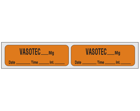 sxd-17 Copper 1/2" x 1-1/2" Diagnostic Imaging Syringe Identification Labels - With Imprint: VASOTEC _____Mg / Date _____ Time _____ Int. _____