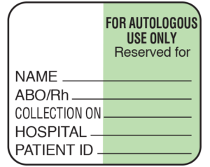 White 1-1/2" x 1-3/4" Bar Coded Information Labels for Blood Testing - Codabar  - With Imprint: FOR AUTOLOGOUS / USE ONLY / Reserved for / NAME _____ / ABO/Rh _____ / COLLECTION ON _____ / HOSPITAL _____ / PATIENT ID _____