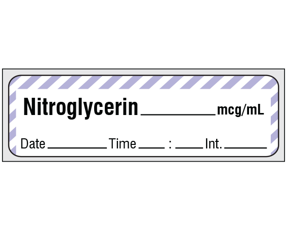 SA-2916-DTI-PRE White W/ Violet Stripe Border 1/2" x 500" Anesthesia Drug Labels for Syringe Identification - Precut Form - With Imprint: Nitroglycerin _____ mcg/mL / Date _____ Time _____:_____ Int. _____