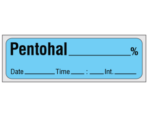 Blue 1/2" x 500" Anesthesia Drug Labels for Syringe Identification - Precut Form  - With Imprint: PENTOTHAL _____ % / Date _____ Time _____ Int. _____