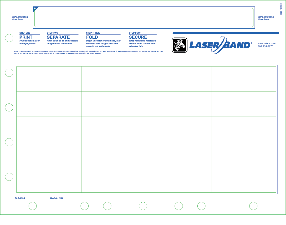 PLS-102A | Zebra Adult Wristband + 20 Labels - 8.5" x 11" - Matte