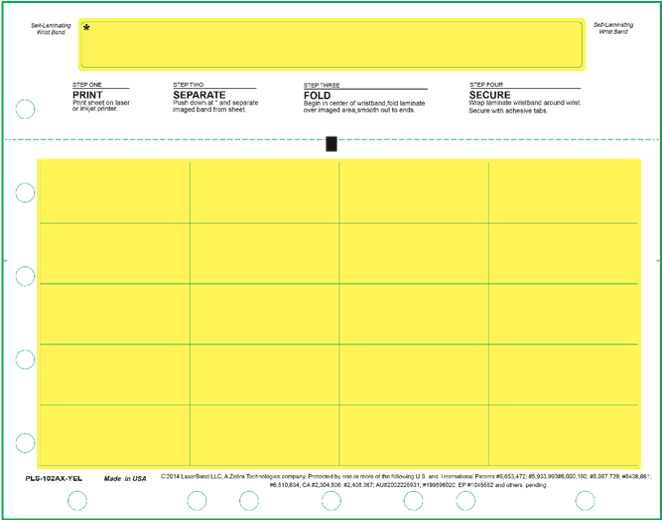 PLS-102AX-YEL Zebra Adult Wristband + 20 Labels - 8.5 x 11- Yellow