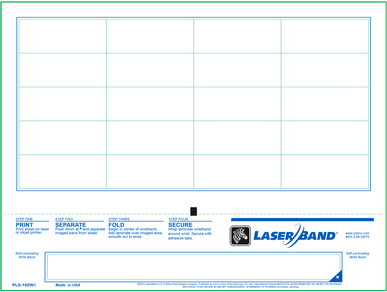 PLS-102WC Zebra Adult Wristband + 20 Labels - 8.5 x 11- Matte