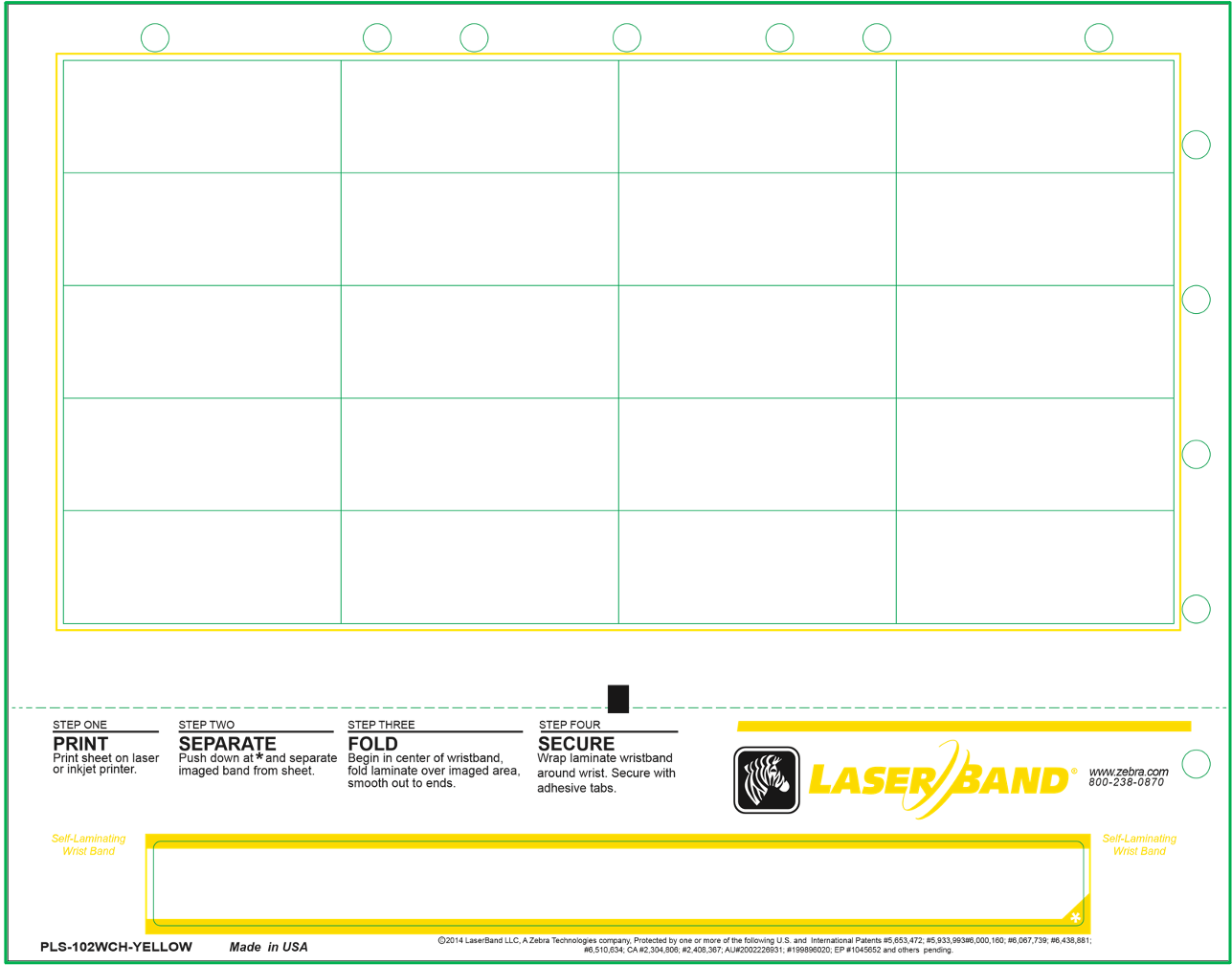 PLS-102WCH-YELLOW Zebra Adult Wristband + 20 Labels Hole Punched - 8.5 x 11 - Yellow